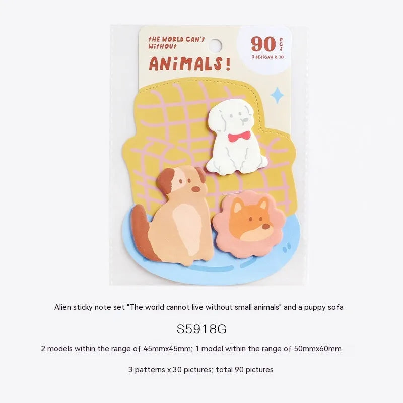 Small animal shaped sticky note set showing one of six cartoon cover designs, 90 pages.