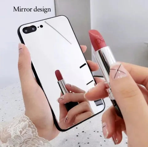 Black iPhone case with a built-in rectangular mirror on the back cover, compatible with iPhone X, 7 Plus, 8 Plus, and 12 models.