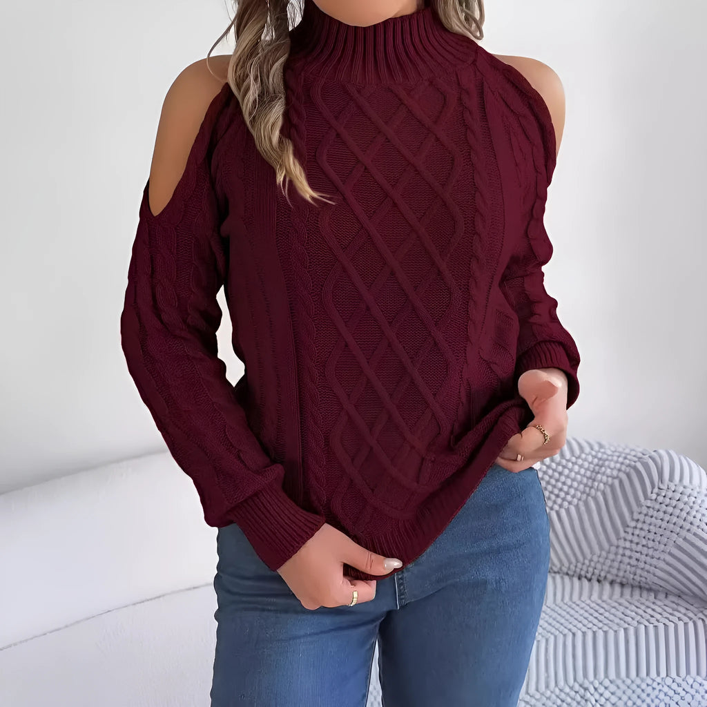 Gray women's strapless pullover sweater with a twist pattern detail and long lantern sleeves.