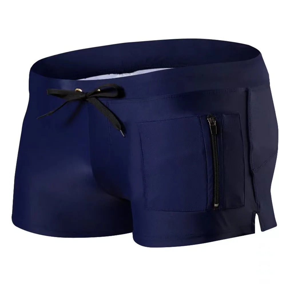 Men's high waist swimming trunks with front lace-up closure in solid colour options