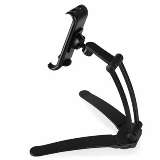 Silver aluminium desktop tablet stand with adjustable angle and folding clamp holding a tablet.