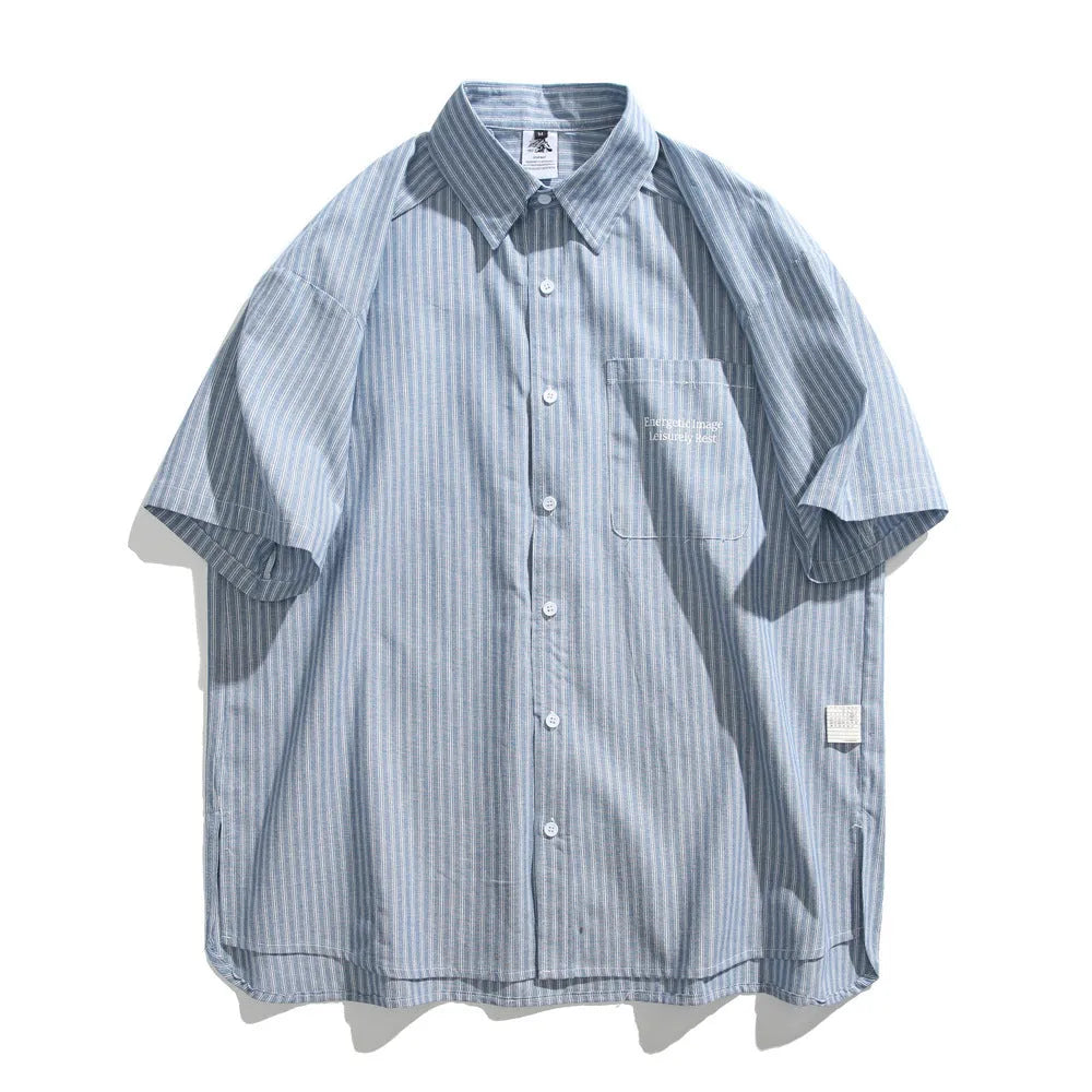 Blue striped short-sleeved overalls shirt in loose cardigan style for men and women