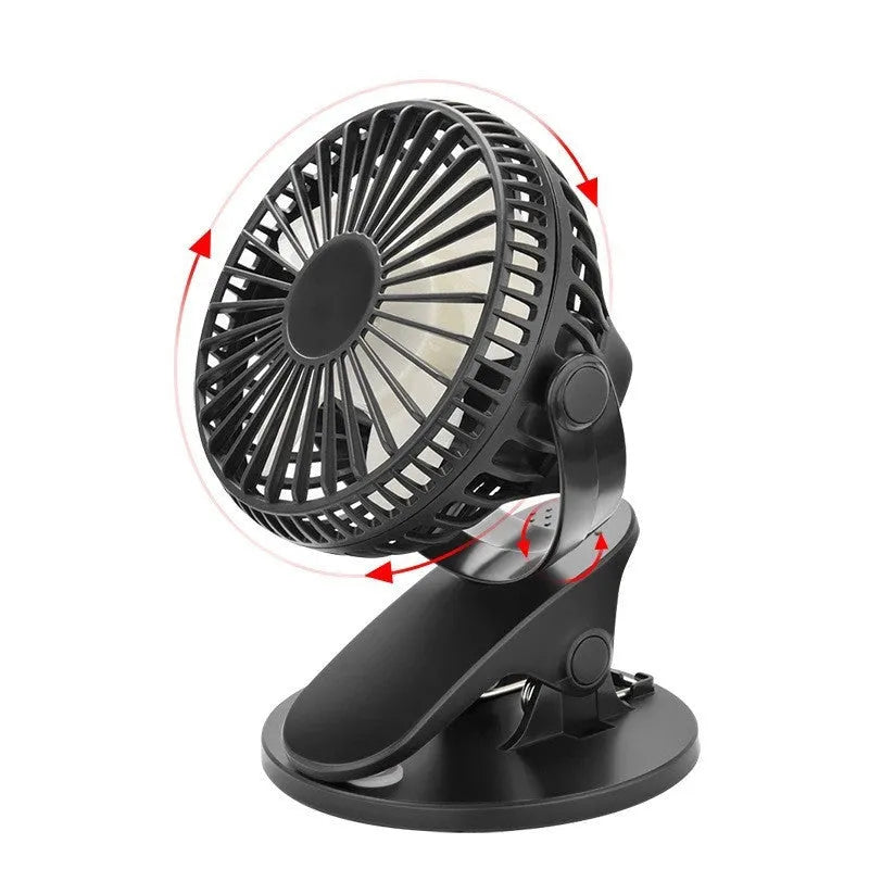 USB rechargeable clip fan in white with battery options for desktop and stroller use