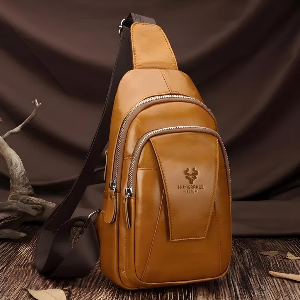 Single-shoulder bag full-grain cowhide men commuting load reduction stitched detailing retro solid colour
