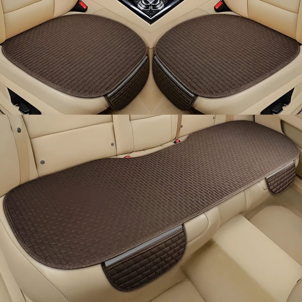 Linen car seat cushion with plaid design available in single seat or three-piece set configurations