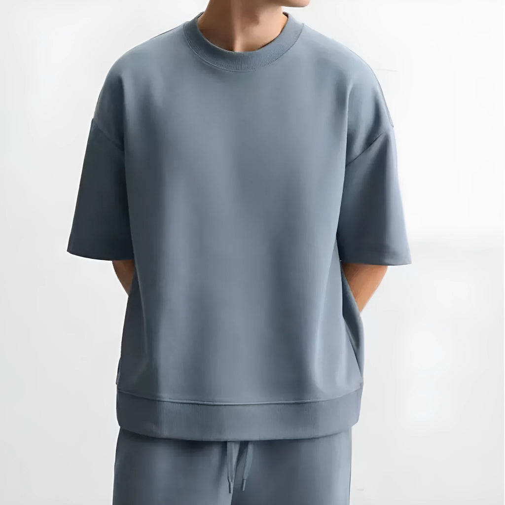 Loose fit double-sided cloth texture short sleeve top and matching shorts set in urban style