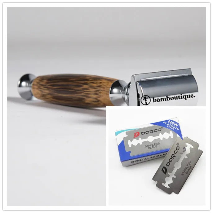 Natural bamboo handle double edged safety razor with silver metal head, 43mm x 132mm