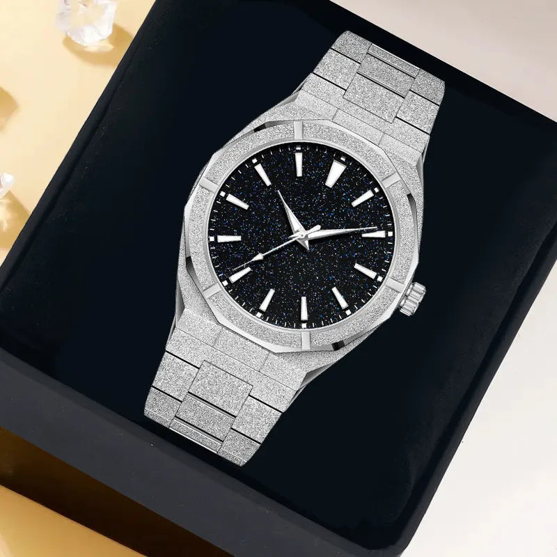 Business men's wristwatch with frosted stainless steel case and luminous hands in silver colour