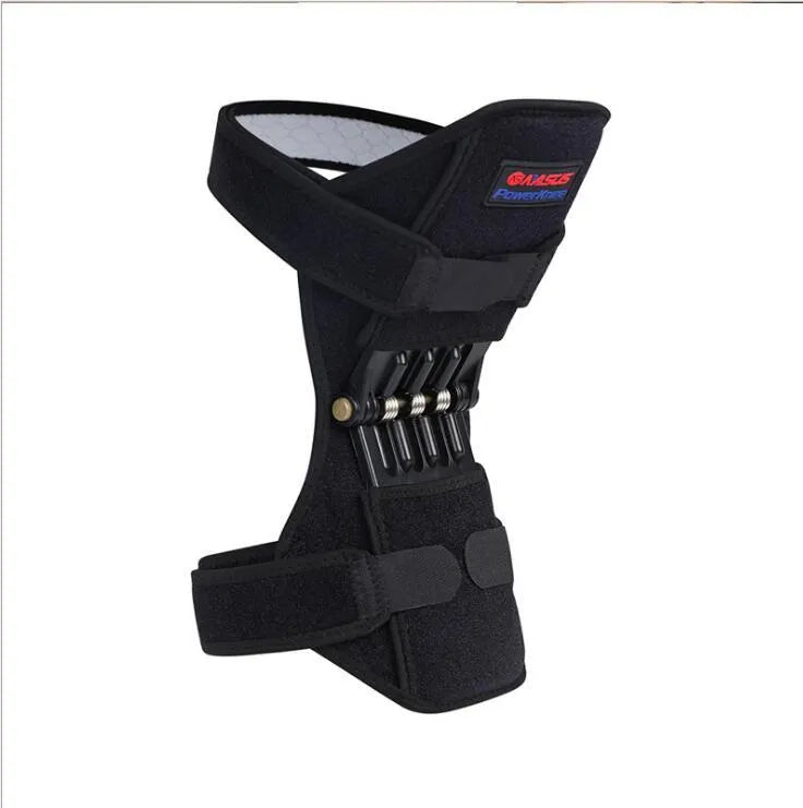 Adjustable spring knee brace patella booster in black colour with breathable fabric and venting holes