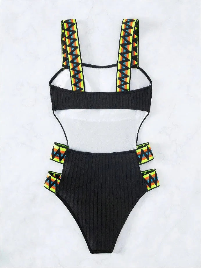 Women's solid black one-piece swimsuit bikini made from polyester fabric