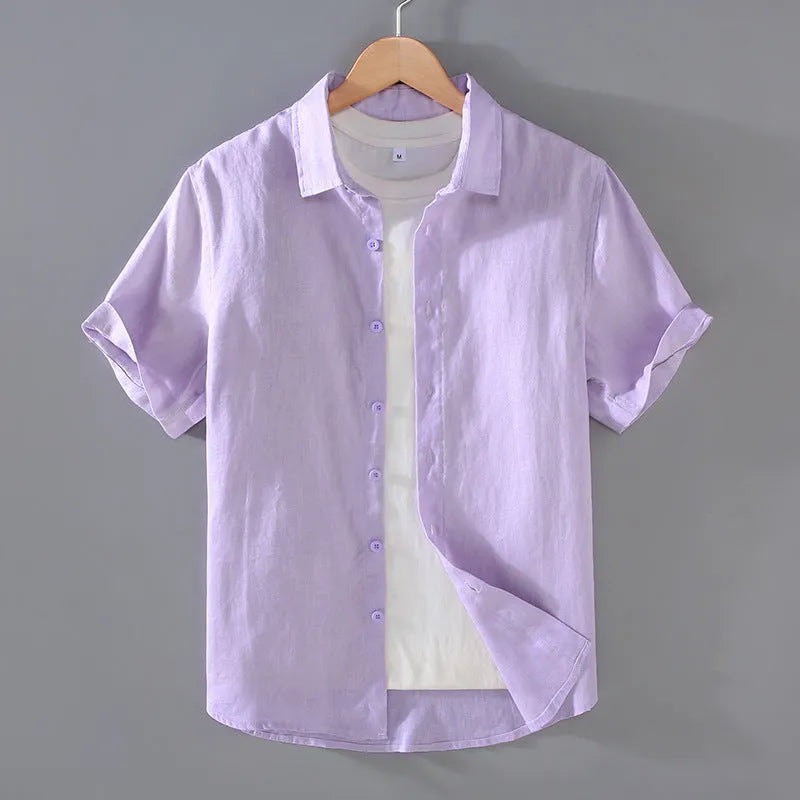 Men's youth casual short-sleeved linen shirt in seven colours, regular fit cardigan style, sizes M-XXXL