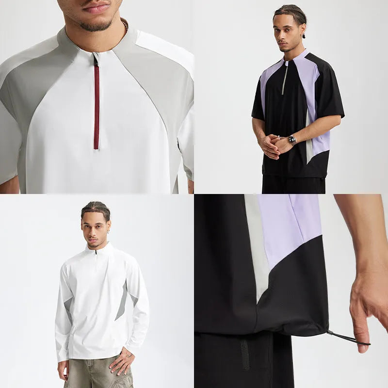 Men's lightweight polyester top in solid colour with stitching detail, available in black or beige
