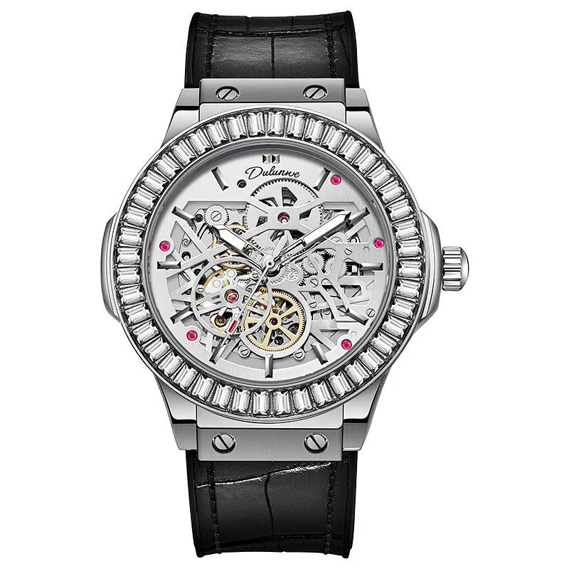 Automatic mechanical men's watch with hollow diamond-studded dial and 16mm white shell case.