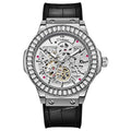 Automatic mechanical men's watch with hollow diamond-studded dial and 16mm white shell case.