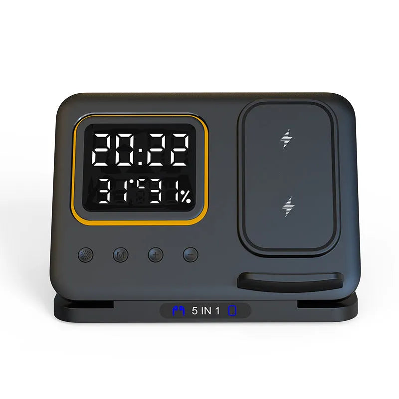 Black wireless charging station showing phone and watch charging with LED display showing time and temperature