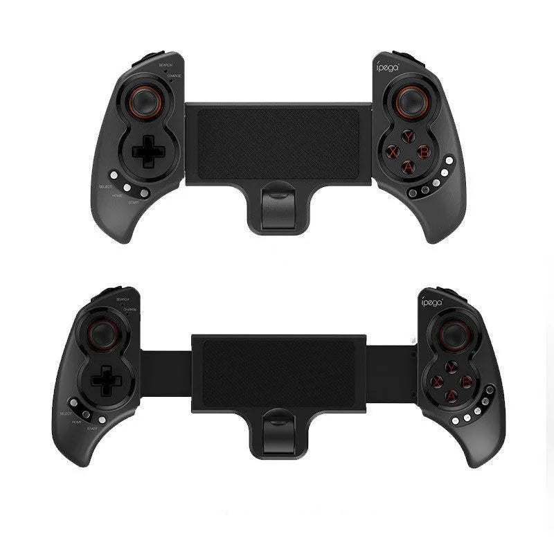 PG-9023 wireless telescopic game controller extended with phone in holder, showing thumbsticks and buttons