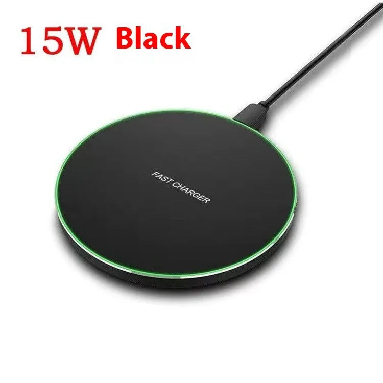 Black frosted 15W wireless charger on a desk with a Type-C cable connected