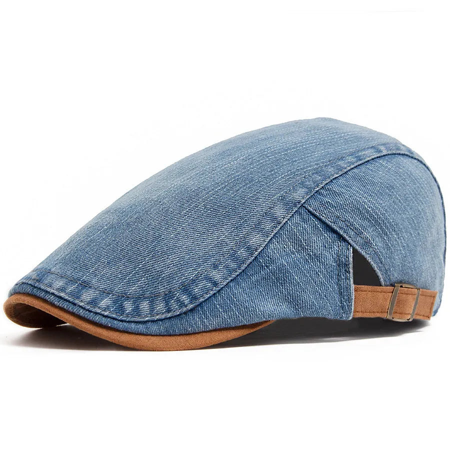 Retro men's casual cotton beret in blue with dome crown and adjustable fit