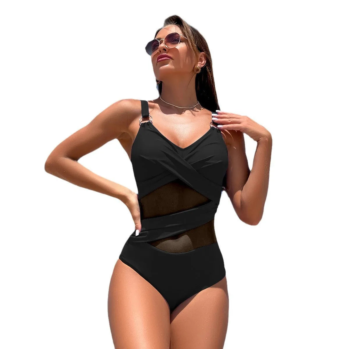 Women's quick-drying one-piece swimsuit in solid colour, nylon fabric with spandex lining, available in multiple shades
