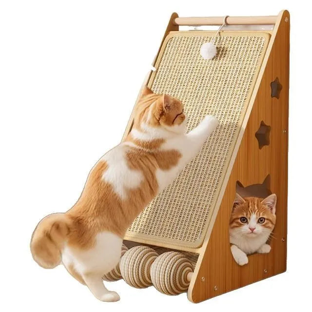 Vertical wall-mounted cat scratch board with sisal surface and cat teasing ball with hemp rope