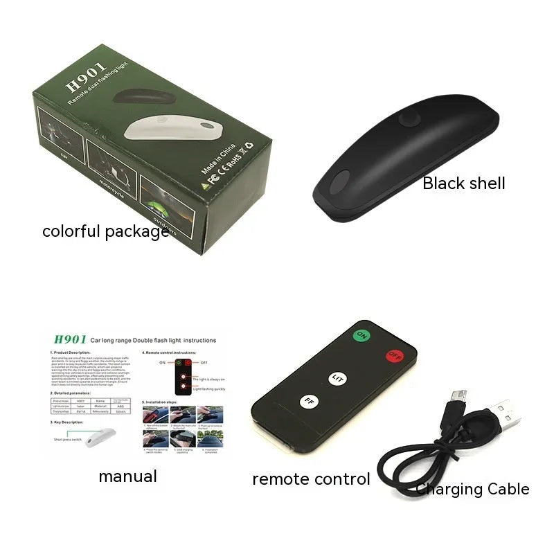 Black and white remote control car LED strobe light with charging cable on a grey background.