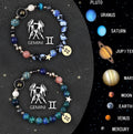 Set of two natural stone beaded bracelets with zodiac sign charms on an adjustable cord.