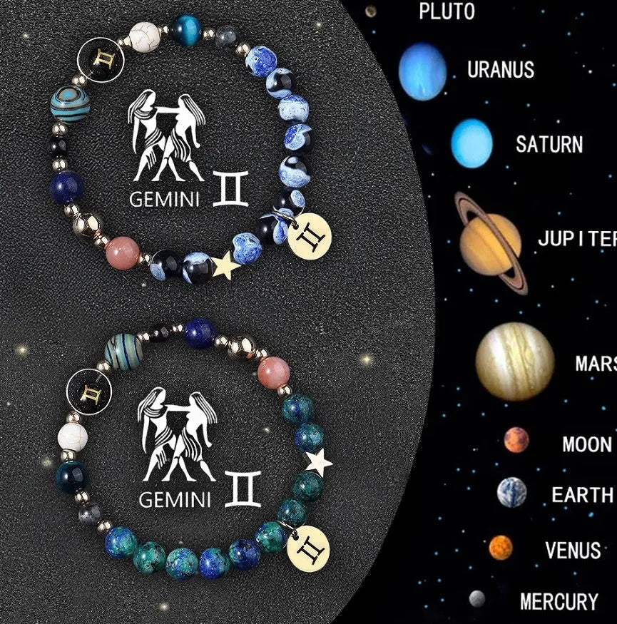 Set of two natural stone beaded bracelets with zodiac sign charms on an adjustable cord.