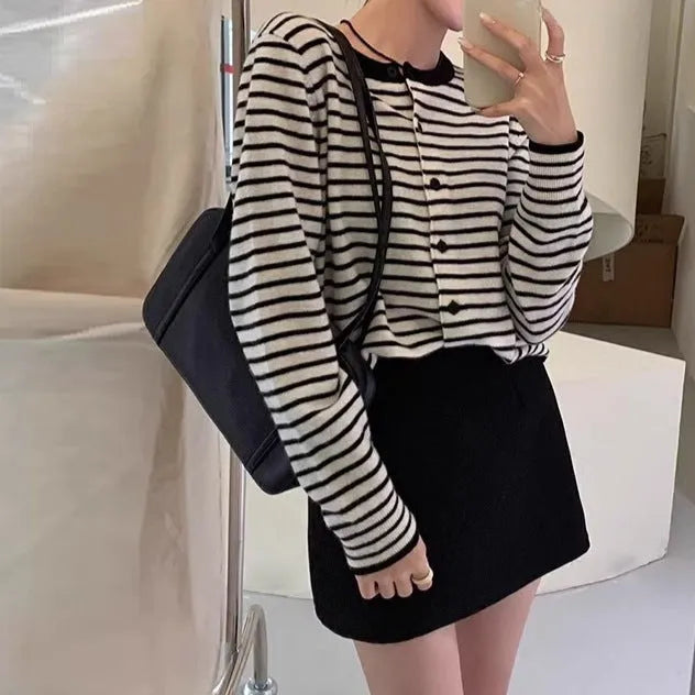 Women's dark grey and white striped viscose cardigan with 40cm short length slim fit