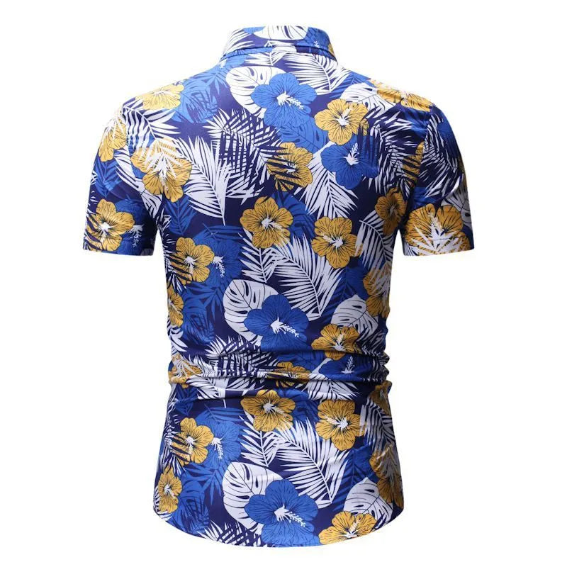 Men's summer beach short-sleeved floral shirt with square collar in blue polyester fibre