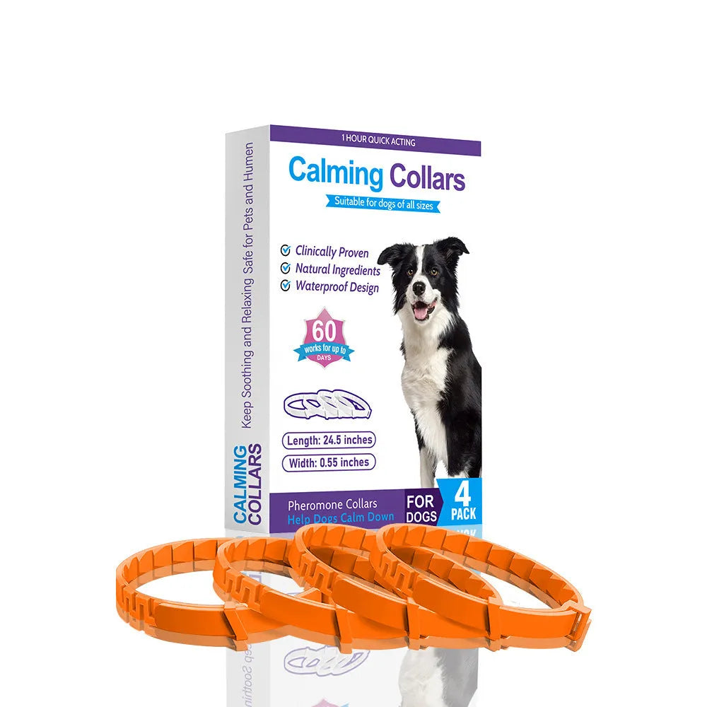 Four TPR dog anxiety collars in different colours showing Chinese style monochrome pattern.