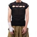 Dark hollow-out knitmesh sleeveless T-shirt in black with round collar and regular length
