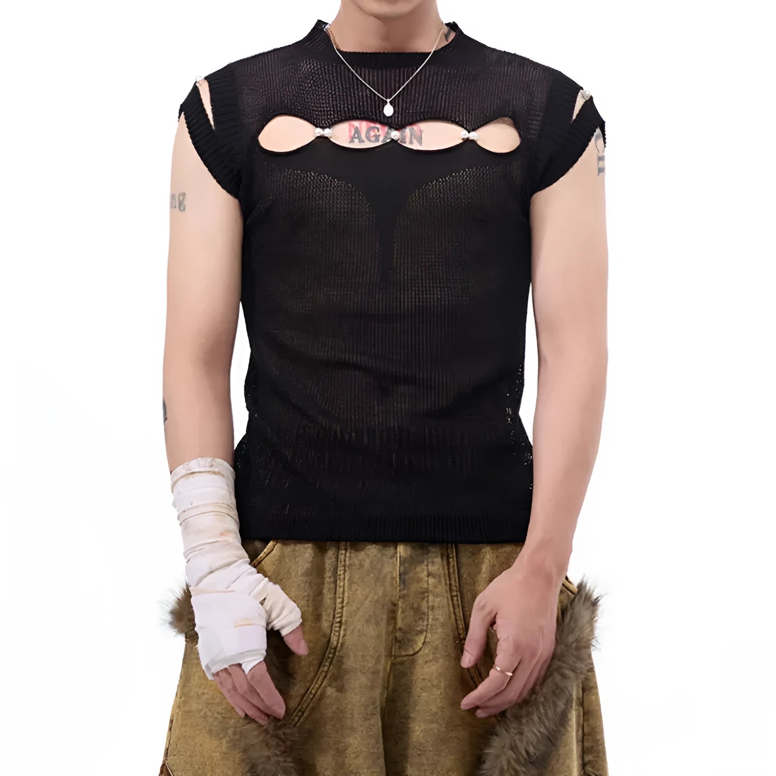 Dark hollow-out knitmesh sleeveless T-shirt in black with round collar and regular length