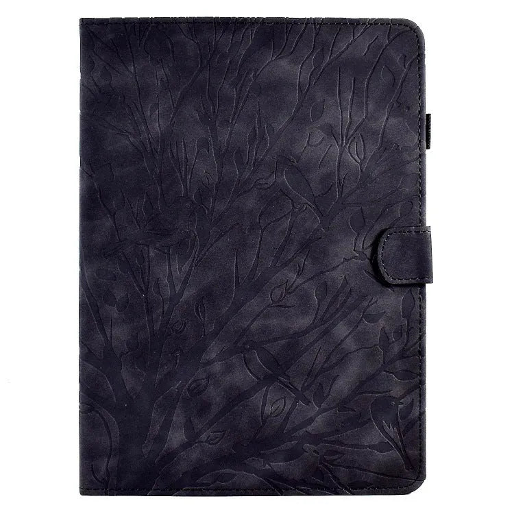 Imitation leather tablet case in black with a built-in kickstand bracket open.