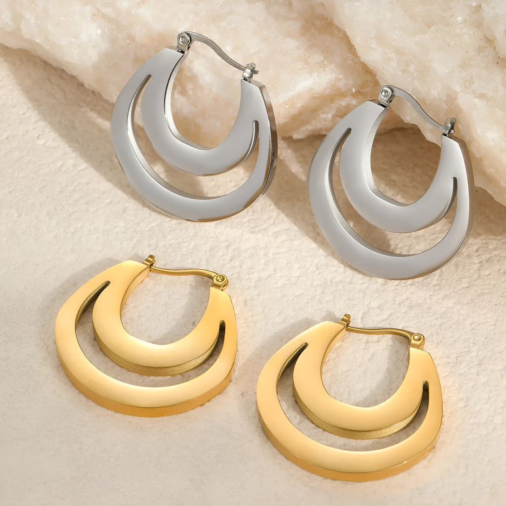 Geometric French earrings with circular ring design in gold and steel tone options