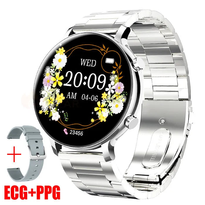 Silver stainless steel smartwatch with black screen showing heart rate data on a genuine leather strap.
