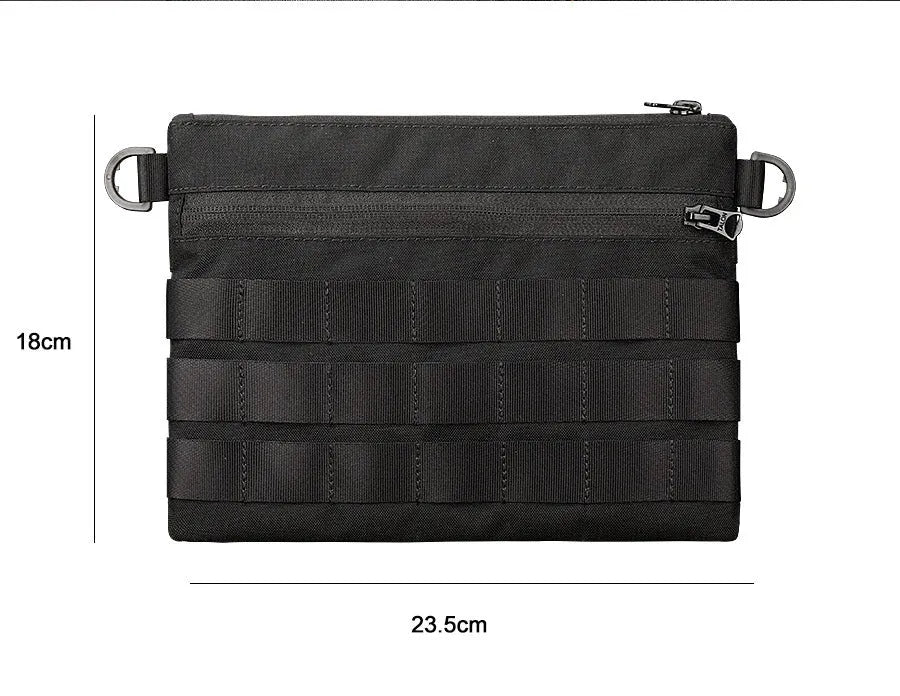 Black tactical waist pack made from Oxford cloth measuring 18cm by 3.5cm