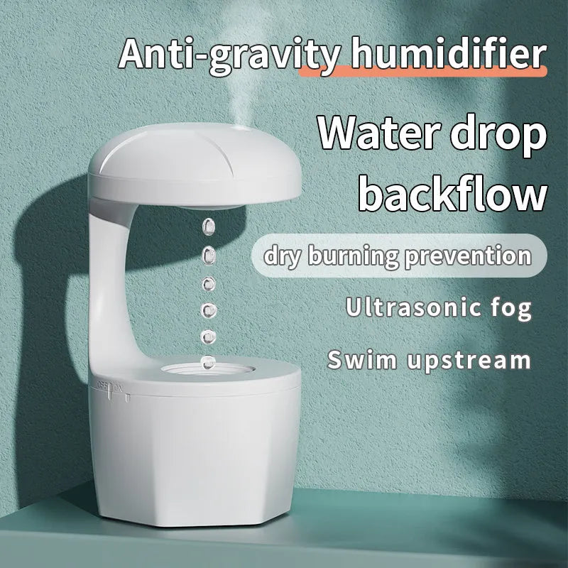 White portable 800ml cool mist USB humidifier with anti-gravity droplet design and aromatherapy for bedroom