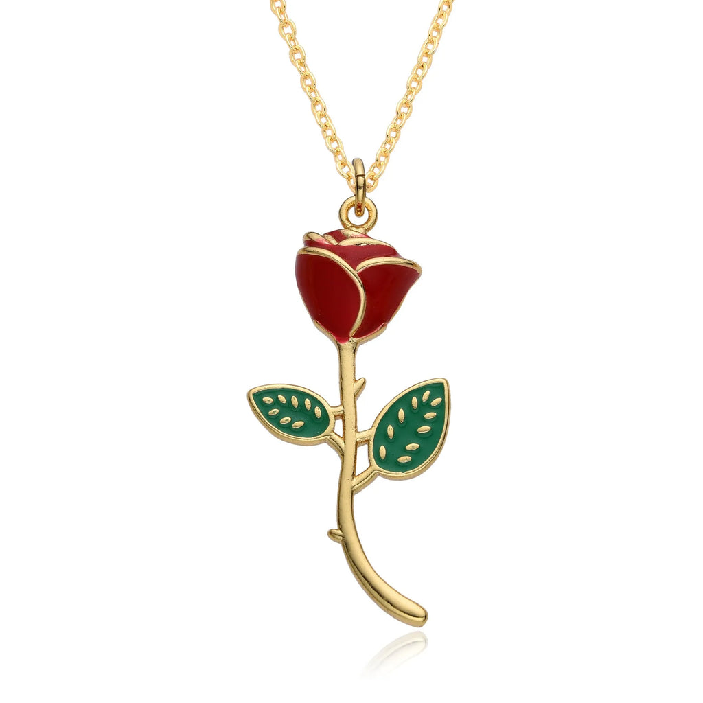 Geometric rose pendant necklace with micro inlay finish, O-ring chain, adjustable 41-50cm, women's fashion accessory