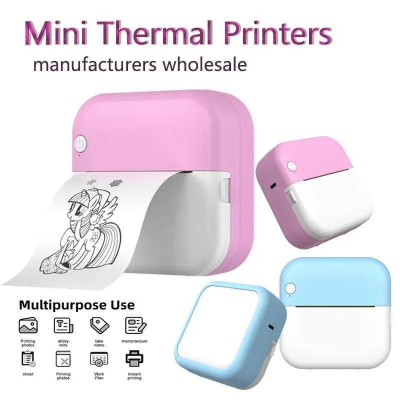 Student mini thermal label printer with USB cable, 12x9x4.6cm, includes printing paper