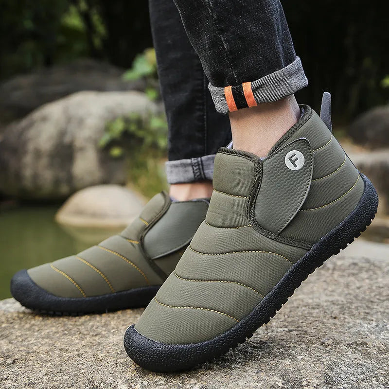 Men's waterproof cotton snow boots with non-slip rubber soles in yellow, green, blue, or black.