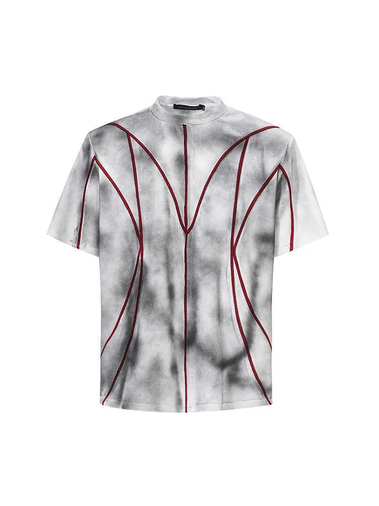Short sleeve t-shirt with padded shoulders and raised line patchwork design on a round neck.