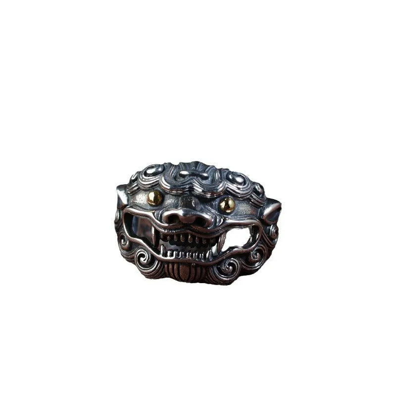 Silver open style diamond ring with a detailed jibeast and animal zodiac pattern.