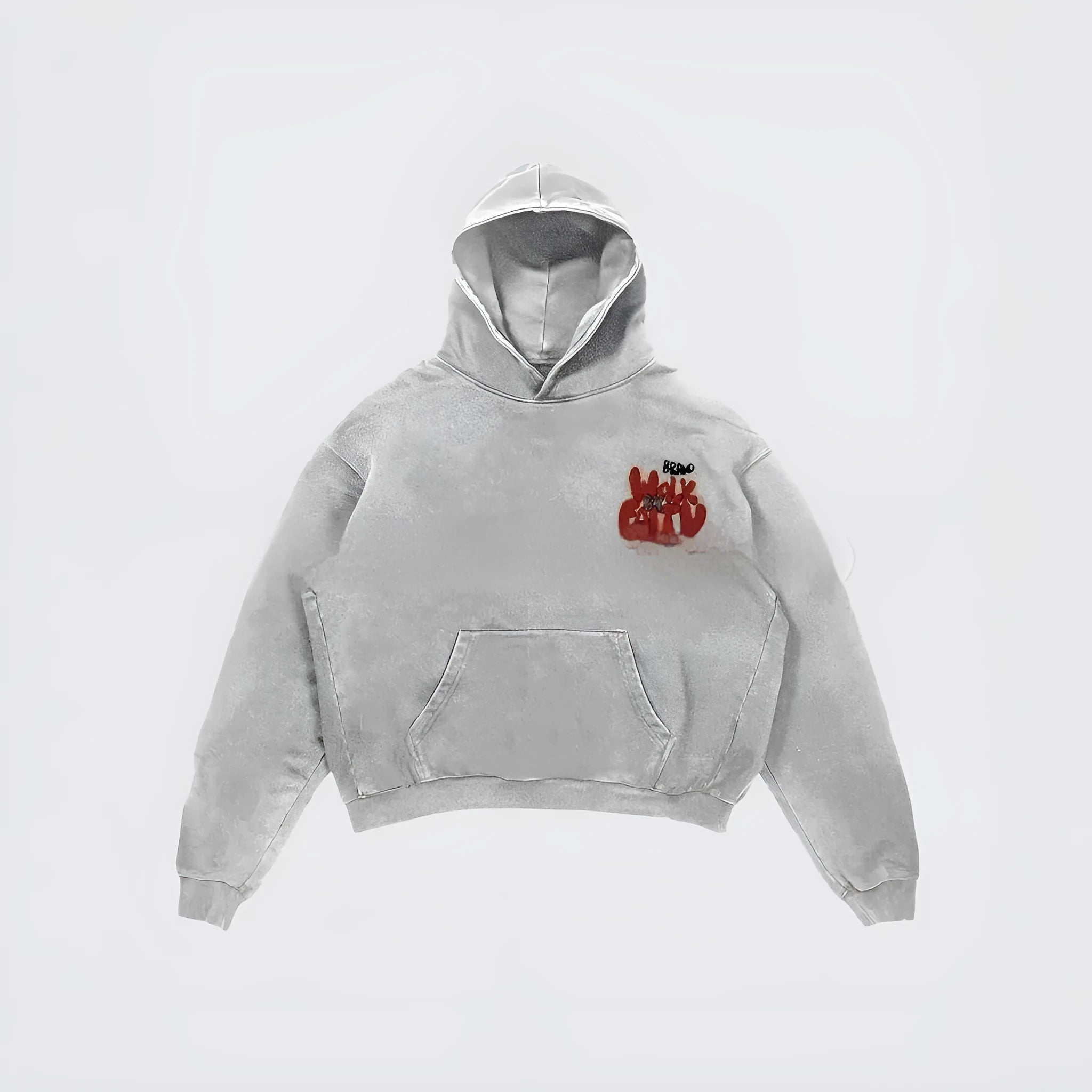 Women's grey hoodie with vintage character print, long sleeves, and side pockets.