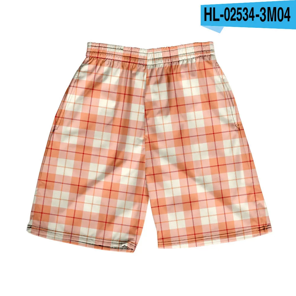 Men's polyester plaid shorts with elastic waistband in straight-leg casual style