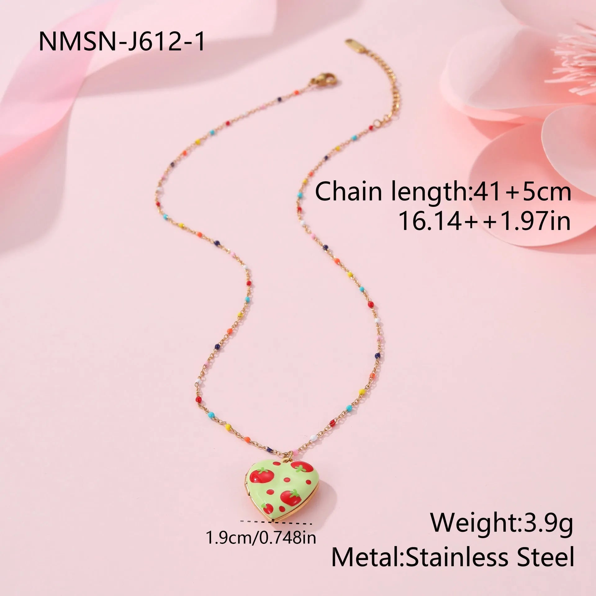Gold-plated stainless steel necklace with heart-shaped fruit pendant on an adjustable chain.