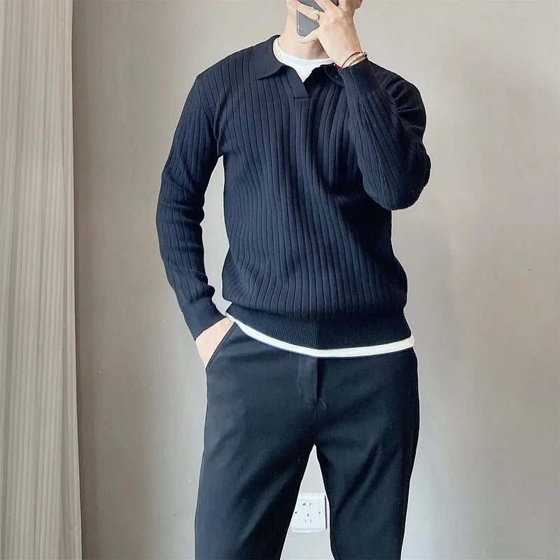 Men's grey striped knitted sweater with a lapel collar, shown in a loose fit.