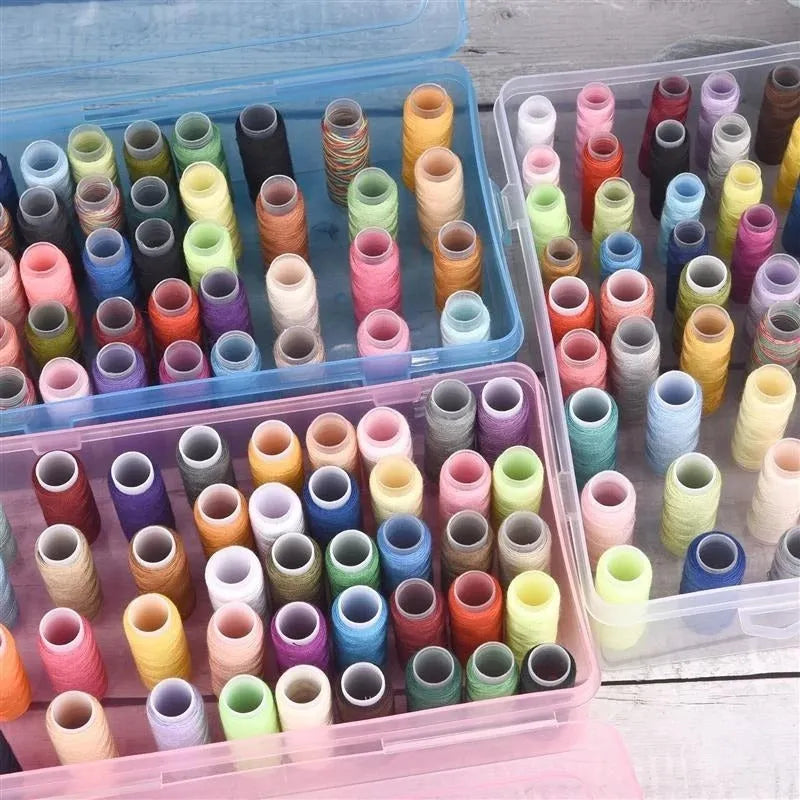 Clear plastic storage box with 42 compartments for embroidery threads and needlework supplies