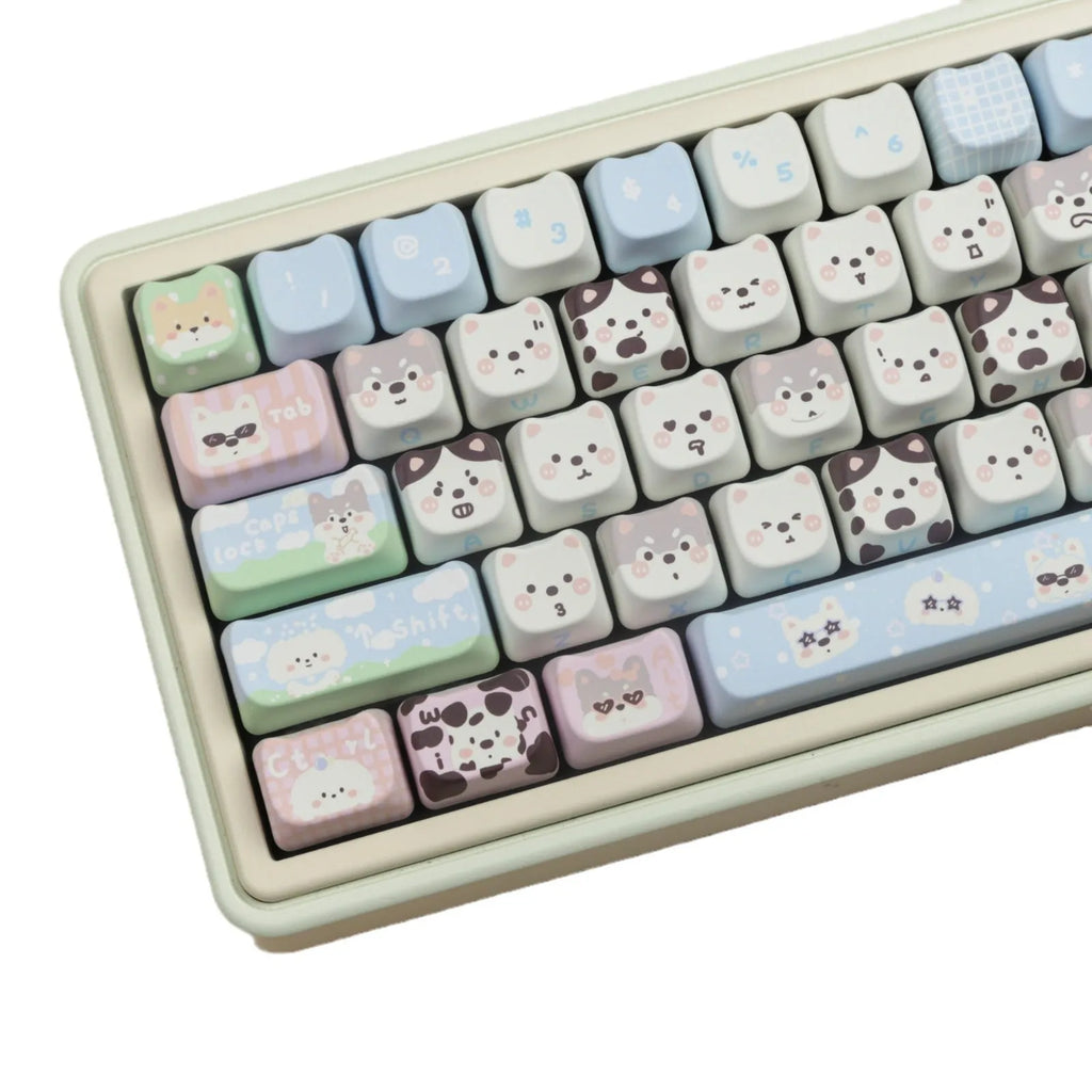 Full set of colourful puppy design PBT plastic key caps for a mechanical keyboard.