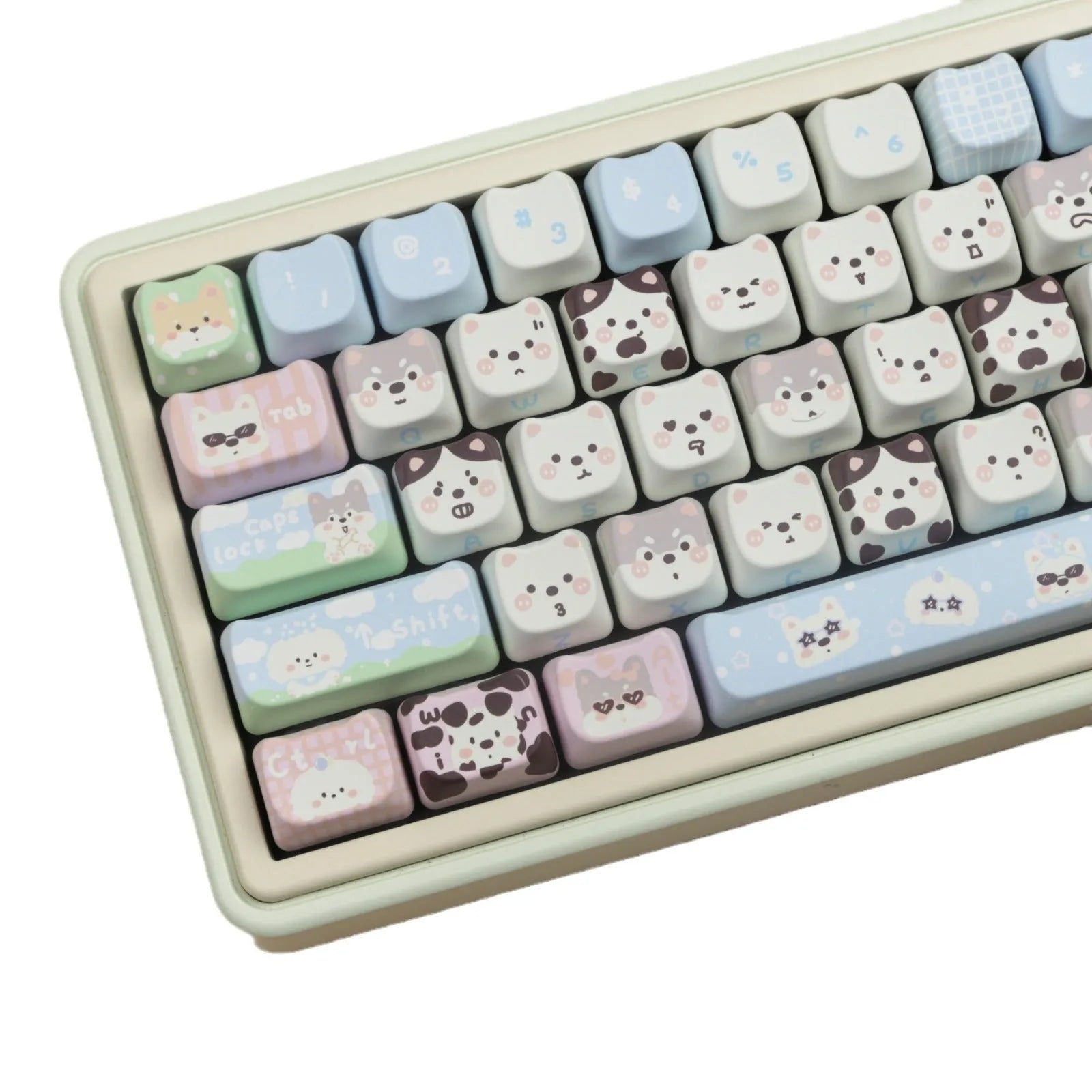 Full set of colourful puppy design PBT plastic key caps for a mechanical keyboard.
