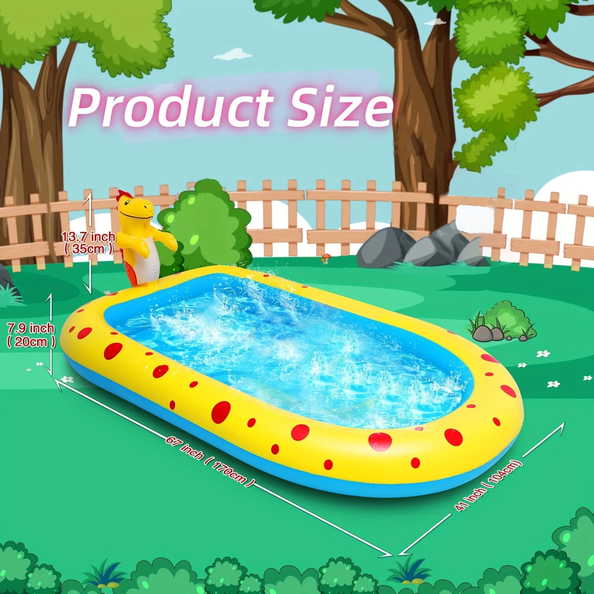 Blue inflatable dinosaur and shark themed children's play pool in a garden setting.